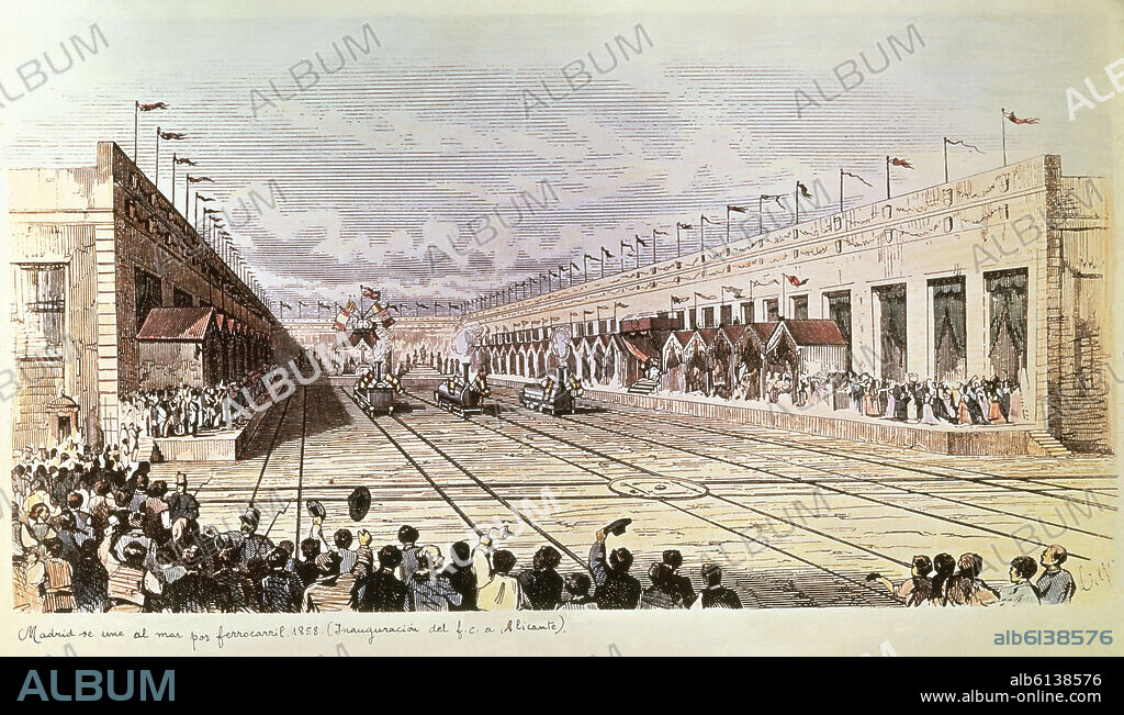 MADRID SE UNE AL MAR POR FERROCARRIL - INAUGURACION DEL FERROCARRIL MADRID-ALICANTE - 1858 - LITOGRAFIA SIGLO XIX.