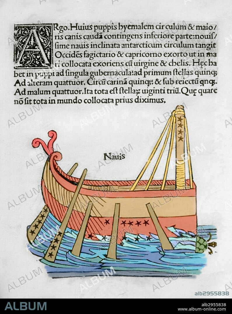ARGO NAVIS. Interpretación mitológica de la constelación del hemisferio austral, representada por el barco usado por Jasón y los argonautas en su búsqueda del vellocino de oro. Grabado perteneciente a una edición de "Poeticon astronomicon", de Cayo Julio Higinio (c.64 a.C.-17). Editada en Venecia, 1485. Incunable. Coloreado.