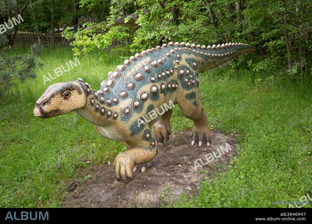 Scelidosaurus, an extinct herbivorous armored dinosaur from the Jurassic Period, in Dinosaurier Park, Germany.