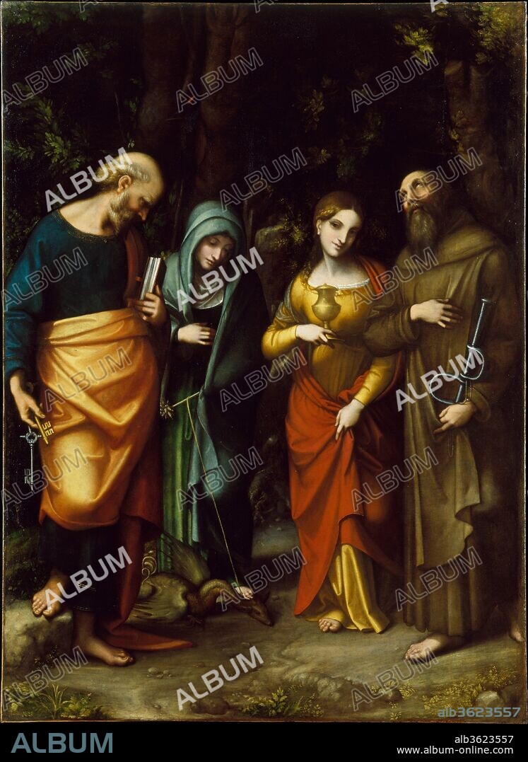 Saints Peter, Martha, Mary Magdalen, and Leonard. Artist: Correggio (Antonio Allegri) (Italian, Correggio, active by 1514-died 1534 Correggio). Dimensions: 87 1/4 x 63 3/4 in. (221.6 x 161.9 cm). Date: ca. 1515.

This is an early work by one of the most original geniuses of the Renaissance. Commissioned for a church in Correggio's hometown, it depicts four saints chosen by the patron, Melchiore Fassi: Peter, with his keys; Martha, her dragon; Mary Magdalen, her pot of ointment; and Leonard, with his fetters. Each stands separately, absorbed in his or her own thoughts. In this altarpiece, Correggio explored ideas he admired in the work of Leonardo da Vinci--in particular, the elegantly choreographed poses of the figures softly lit against a dense copse of trees (note the woodpecker).