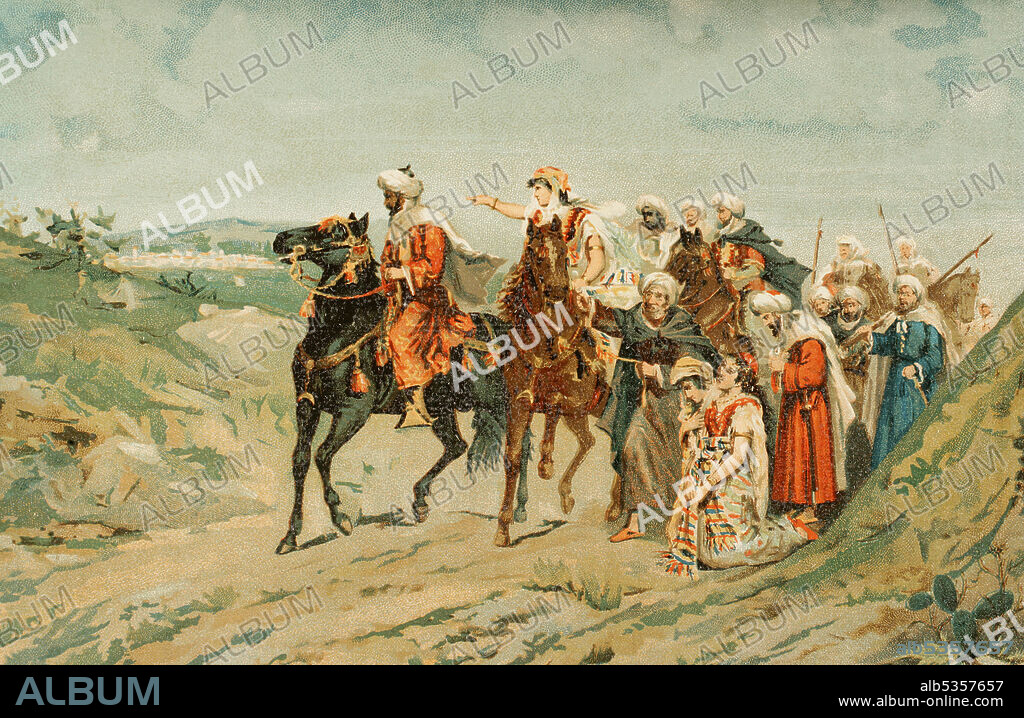 Leyenda del Suspiro del Moro. Tras la conquista del Reino nazarí de Granada, el rey musulmán Boabdil y su séquito fueron desterrados de la ciudad en 1492. De camino a su destierro, el rey miró por última vez Granada, suspirando y rompiendo a llorar. Su madre, la sultana Aixa (Aisha al-Hurra), le dijo: "Llora como una mujer lo que no has sabido defender como un hombre". Cromolitografía. Historia General de España, por Miguel Morayta. Tomo III. Madrid, 1890.