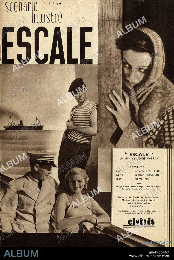 Escale. Publicite pour un film realise en 1935 par Louis VALRAY, avec Colette DARFEUIL (1906-1998), Samson FAINSILBER (1904-1983) et Pierre NAY (1898-1978). Illustration anonyme. Credit : Collection IM/KHARBINE-TAPABOR.