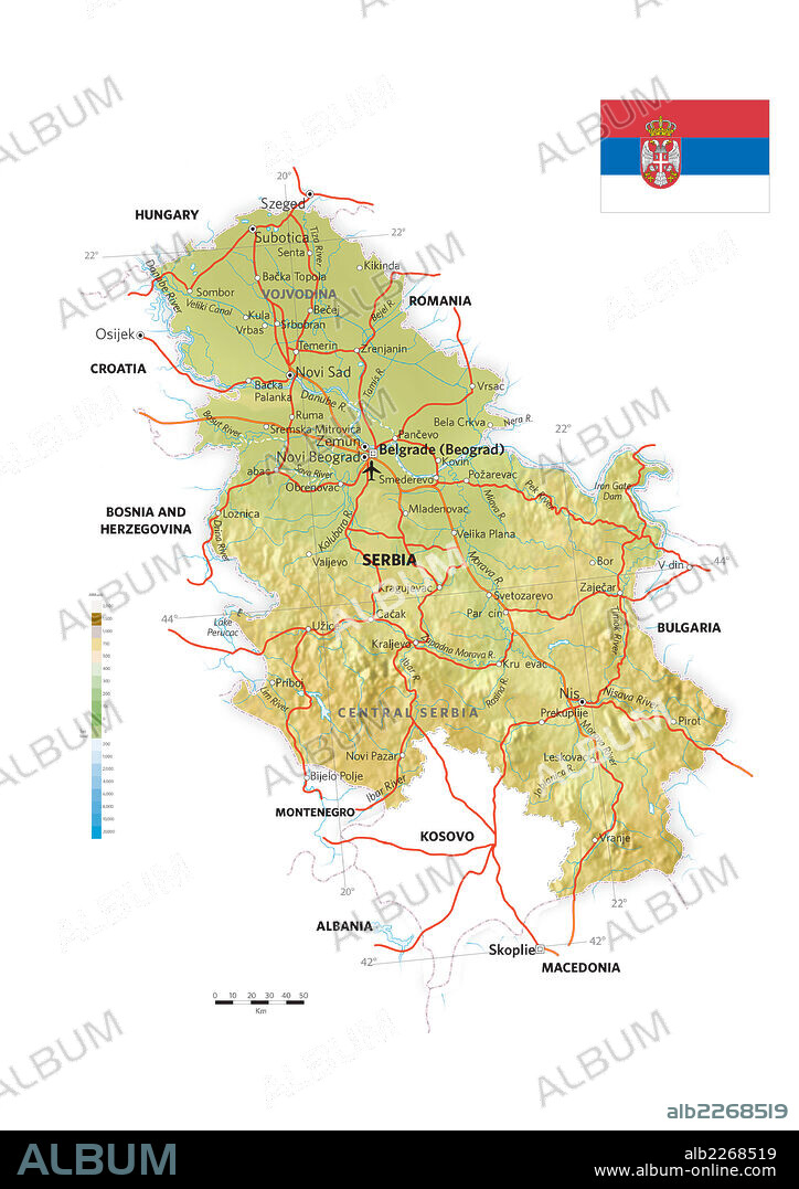 SERBIA. Mapa físico y político de Serbia.