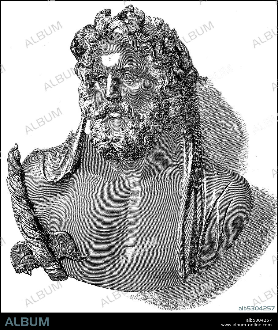 The sanctuary of Zeus at Dodona, the Ben of Dodona the oak wreath and veil, bronze bust, Greece  /  Das Zeusheiligtum in Dodona, der Bens von Dodona mit dem Eichenkranz und Schleier, Bronzebüste, Griechenland, Historisch, historical, digital improved reproduction of an original from the 19th century / digitale Reproduktion einer Originalvorlage aus dem 19. Jahrhundert,.