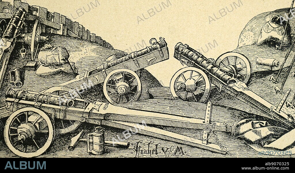 Illustration showing Artillery from Hernan Cortez Expedition to Central America. Hernan Cortes (1485 - 1547) was a Spanish Conquistador who led an expedition that caused the fall of the Aztec Empire and brought large portions of what is now mainland Mexico under the rule of the King of Castile in the early 16th century.