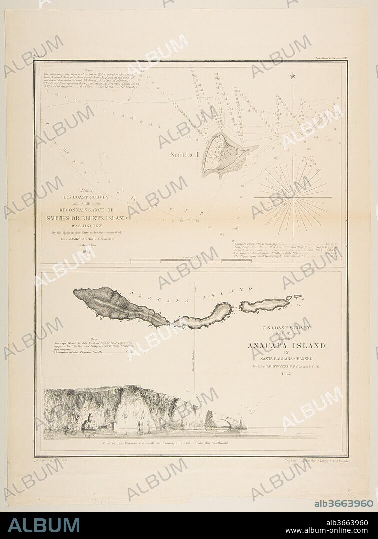 JAMES ABBOTT MCNEILL WHISTLER. U.S. Coast Survey...Reconnaissance of Smith's or Blunt's Island, Washington / U.S. Coast Survey...Sketch of Anacapa Island in Santa Barbara Channel. Artist: James McNeill Whistler (American, Lowell, Massachusetts 1834-1903 London); Charles Knight (American, active 1854); John Young (American, active 1854); after William Birch McMurtrie (American, Philadelphia, Pennsylvania 1816-1872 Washington, D.C.). Dimensions: image: 11 3/4 x 9 5/16 in. (29.8 x 23.7 cm)
sheet: 14 1/2 x 10 11/16 in. (36.8 x 27.1 cm). Date: 1854-57.