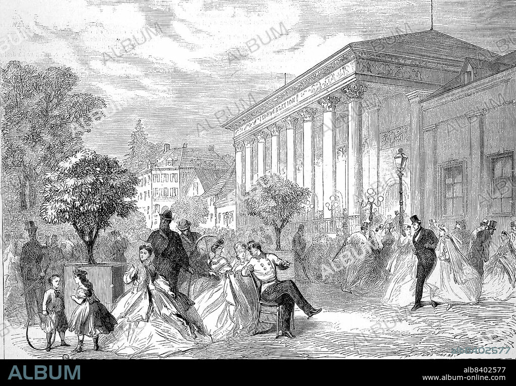Noble people in front of the spa hotel of Baden-Baden, 1869, Germany, Historic, digitally restored reproduction of a 19th century original, exact original date unknown, Europe.