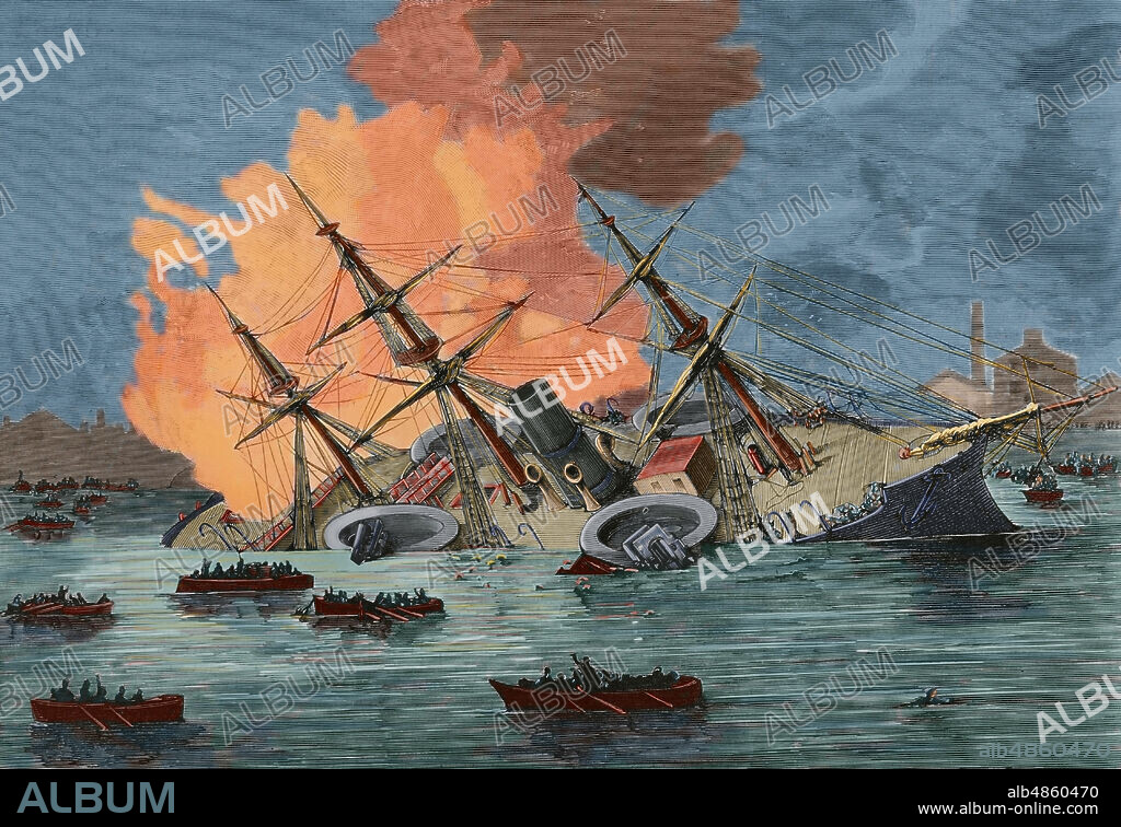 France, Toulon. Fire of the ironclad warship "Richelieu". Scene representing the ship's sinking at 4 a.m. on December 29, 1880. Engraving. La Ilustracion Espa–ola y Americana, 1881. Later colouration.