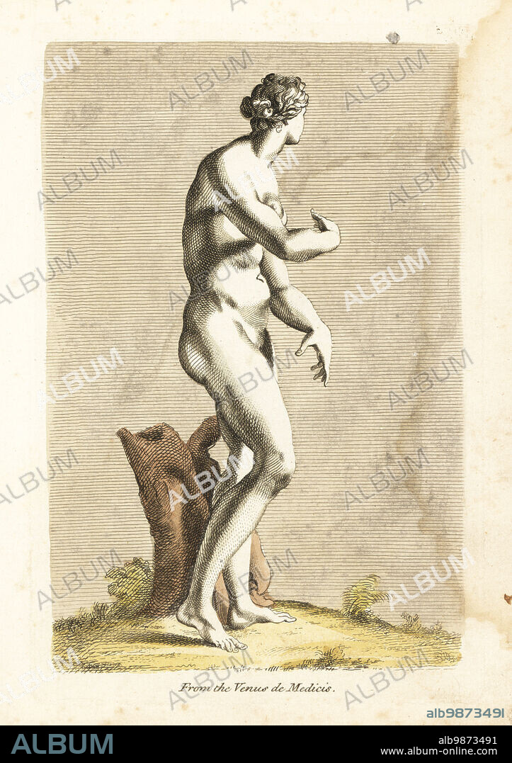 Statue of Venus Aphroditis, Roman goddess of love, in Hortis Mediceis. From the Venus de Medicis. Handcoloured copperplate engraving from Robert Sayers The Artists Vade Mecum, Being the Whole Art of Drawing, London, 1766.
