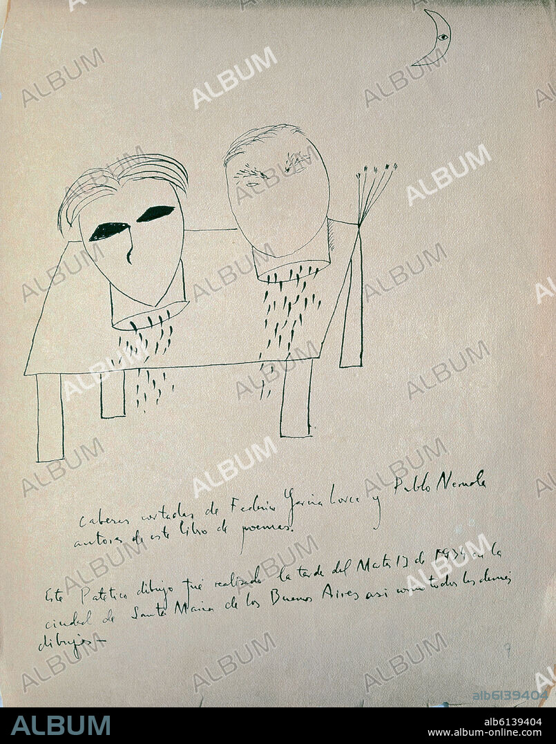 FEDERICO GARCIA LORCA. DIBUJO-CABEZAS CORTADAS DE F.GARCIA LORCA Y NERUDA -1934-.
