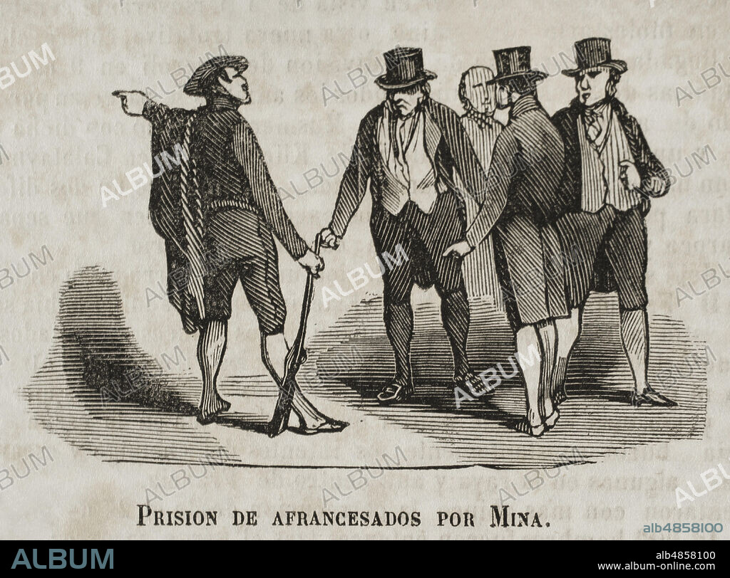 Francisco Espoz y Mina (1781-1836). Militar liberal español. Durante la Guerra de la Independencia Española (1808-1814), con el intento de desactivar a Espoz y Mina, se ofreció a éste la posibilidad de ascensos y riquezas a cambio de adherirse a la causa de Napoleón y renunciar a su acción militar contra las tropas francesas. A tal efecto se concretó una reunión en Leoz, cerca de Pamplona, el 14 de septiembre de 1811. Espoz y Mina exigió la presencia de los interlocutores que habían contactado con él en diversos momentos (Francisco Aguirre Echechurri, Sebastián Iriso, Pedro de Mendiri y un francés llamado Pellou), además de Joaquín Navarro, de la Diputación del Reino, ideólogo de la propuesta. Al acudir al encuentro faltaba Pedro de Mendiri, jefe de escuadrón de Gendarmeria Francesa, por los que temiéndose una trampa procedió al arresto de los cuatro comisionados. Prisión de afrancesados por Mina. Grabado. Historia del Levantamiento, Guerra y Revolución de España, por el Conde de Toreno. Madrid,1851.