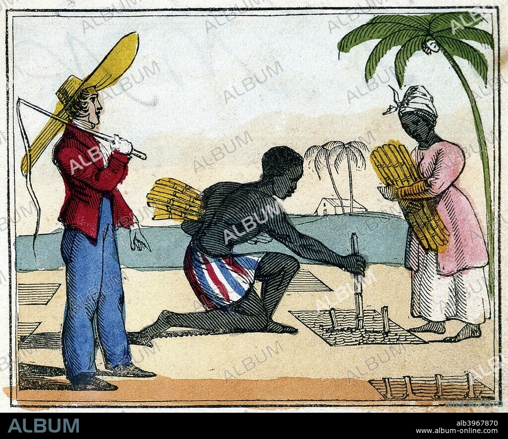 'Planting', 1826. Black slaves working planting sugar cane. The man is kneeling and planting the cane which the woman brings to him. The overseer stands over them with his whip. From The Black Man's Lament; or How to Make Sugar by Amelia Opie. (London, 1826).