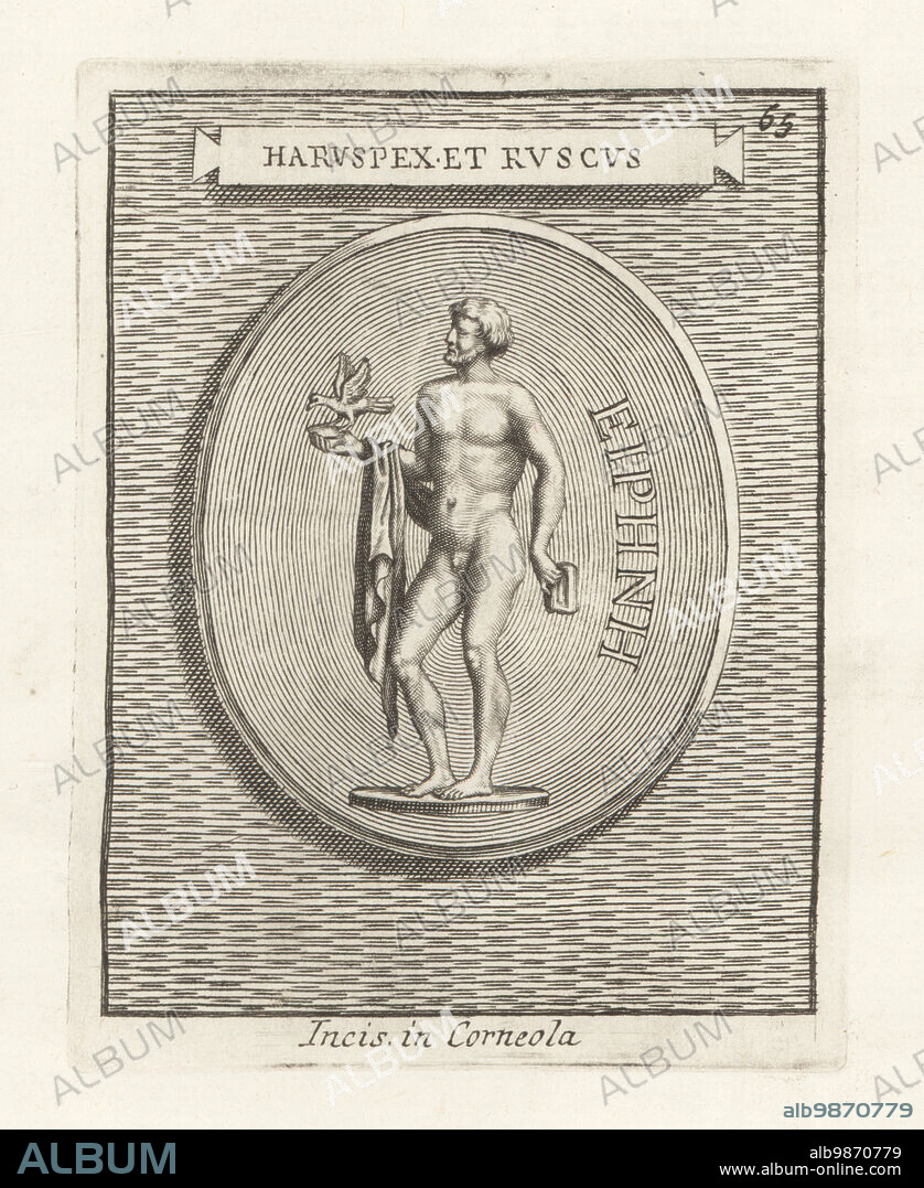 Etruscan haruspex holding a bird in his right hand. In Etruscan religion, the haruspex found omens or augurs in the entrails of sacrificed animals. From an engraved cornelian gem. Haruspex Etruscus. Incis in Corneola. Copperplate engraving from Francesco Valesio, Antonio Gori and Ridolfino Venutis Academia Etrusca, Museum Cortonense in quo Vetera Monumenta, (Etruscan Academy or Museum of Cortona), Faustus Amideus, Rome, 1750.