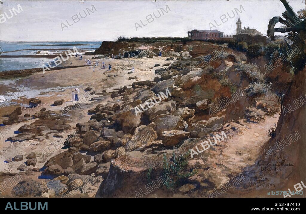 JOSÉ JIMÉNEZ ARANDA. José Jiménez Aranda / 'Playa de Chipiona'. 1899. Aguada de pigmentos opacos [gouache, témpera] sobre papel, 340 x 520 mm.