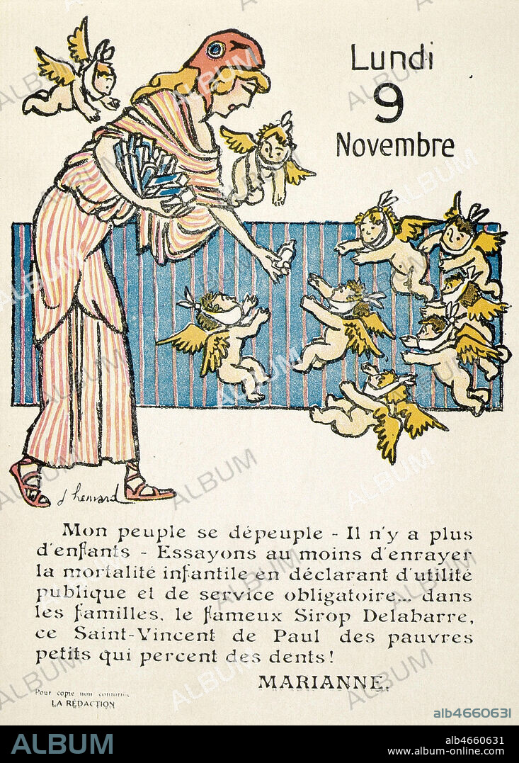 Marianne recite un poeme qui vante les merites du sirop Delabarre. Elle en distribue a des petits anges. Illustration de Jules RENARD publiee dans l'Almanach Revue des Opinions edite en 1913. Credit : Collection KHARBINE-TAPABOR.