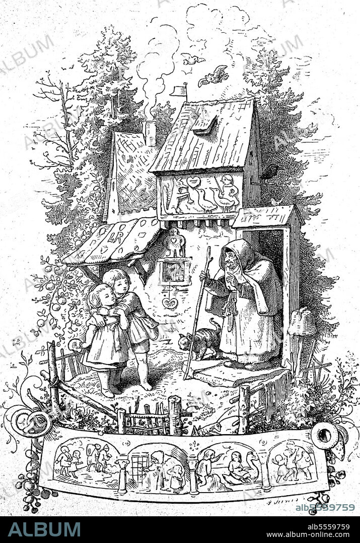 Hänsel und Gretel stehen vor dem Knusperhaus der Hexe, Märchen, Historisch, digital restaurierte Reproduktion einer Originalvorlage aus dem 18. Jahrhundert, genaues Originaldatum nicht bekannt.