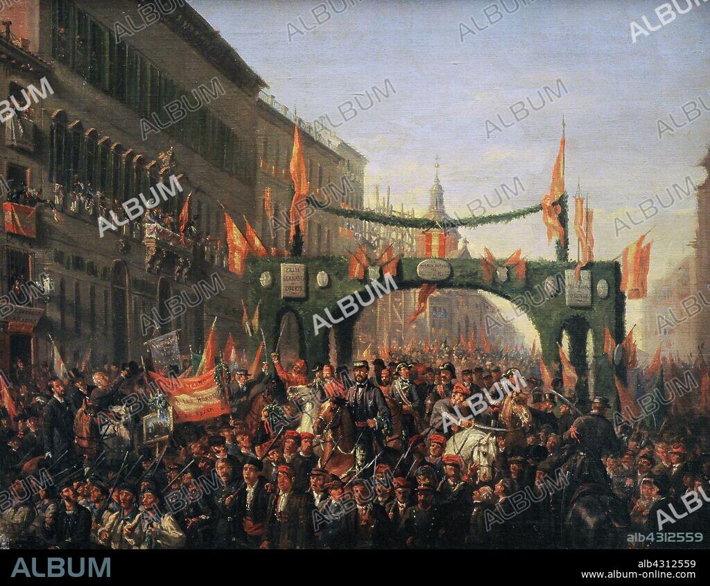 Juan Prim (1814-1870). Militar y politico español. Participó en la primera Guerra Carlista. Paso del General Prim bajo el arco triunfal levantado en la calle de Alcalá tras la Revolución de Septiembre de 1868, hacia 1868. Óleo sobre lienzo. Autor desconocido. Museo de Historia. Madrid. España.