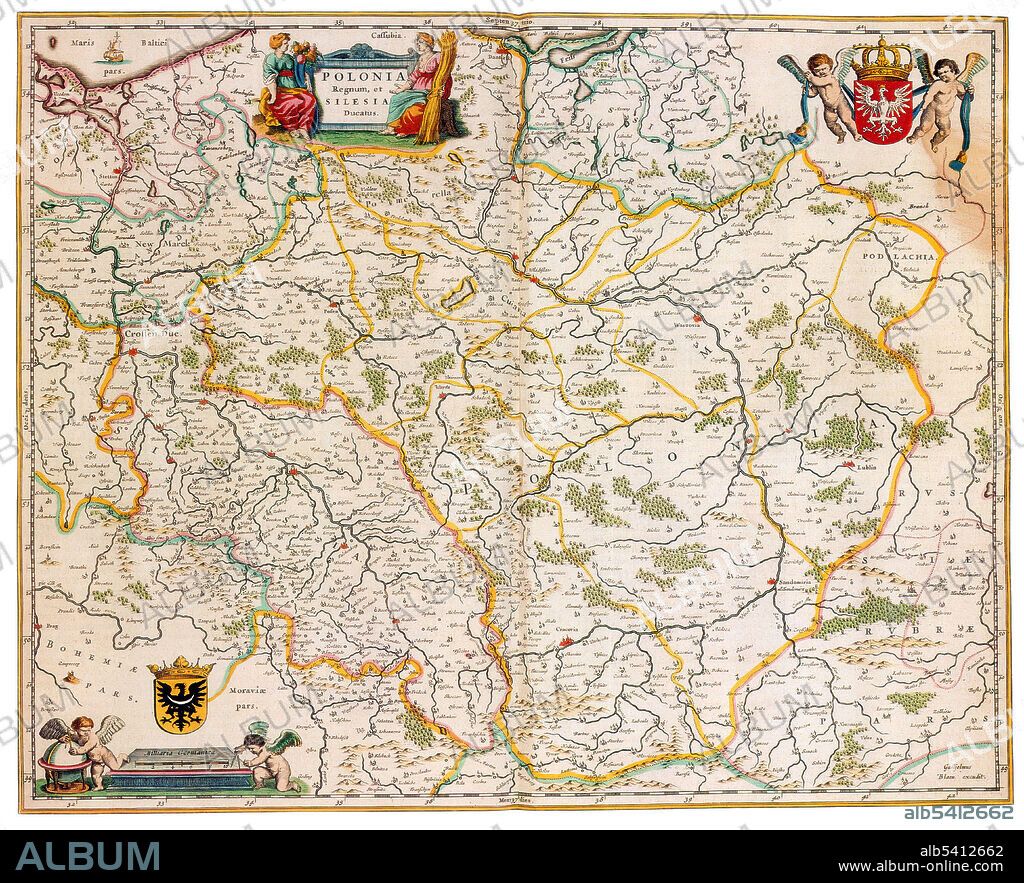 The Kingdom of Poland was founded in 1025, and in 1569 it cemented its longstanding political association with the Grand Duchy of Lithuania by signing the Union of Lublin. This union formed the Polish-Lithuanian Commonwealth, one of the largest and most populous countries of 16th and 17th century Europe, with a uniquely liberal political system which adopted Europe's first written national constitution in 1791. Joan Blaeu (1596-1673) was a Dutch cartographer, the son of cartographer Willem Blaeu. In 1635 they published the Atlas Novus (full title: Theatrum orbis terrarum, sive, Atlas novus) in two volumes. The Atlas Maior is the final version of Joan Blaeu's atlas, published in Amsterdam between 1662 and 1672, in Latin, French, Dutch, German and Spanish, containing 594 maps and around 3,000 pages of text. The Blaeu maps emphasized fine art and colours, being the most expensive of the time.