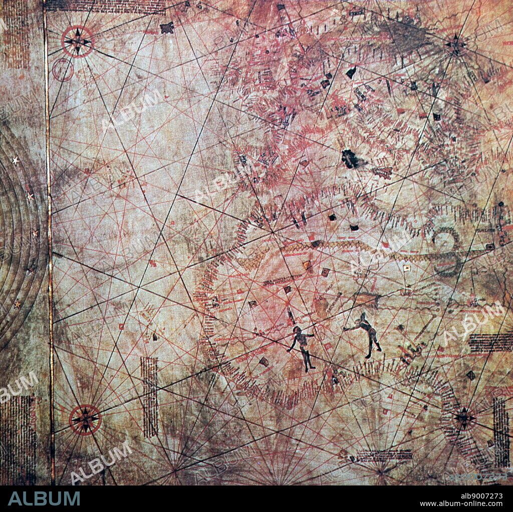 Map painted on calfskin believed to have been drawn by Christopher Columbus. Christopher Columbus (1451-1506) an Italian explorer, navigator, and colonizer. Dated 15th Century.