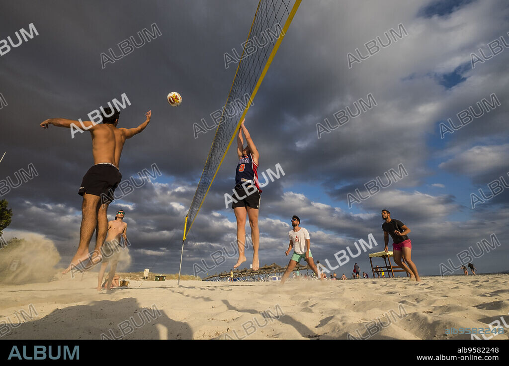 playing beach volleyball, Sa Rapita beach, protected natural area, Campos, Mallorca, Balearic Islands, Spain, Europe.