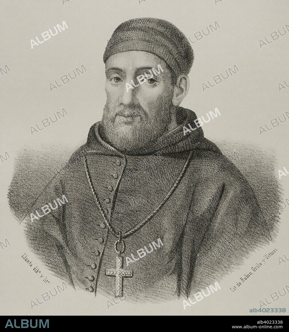 Bartolome Carranza (1503-1576). Navarrese priest,  archbishop and theologian, very influential during the Council of Trento and in the restoration of Roman Catholicism in England. Portrait. Lithography. Drawing by Llanta (1839-1904). Cronica General de Espa–a, Historia Ilustrada y Descriptiva de sus Provincias. Extremadura, 1870.