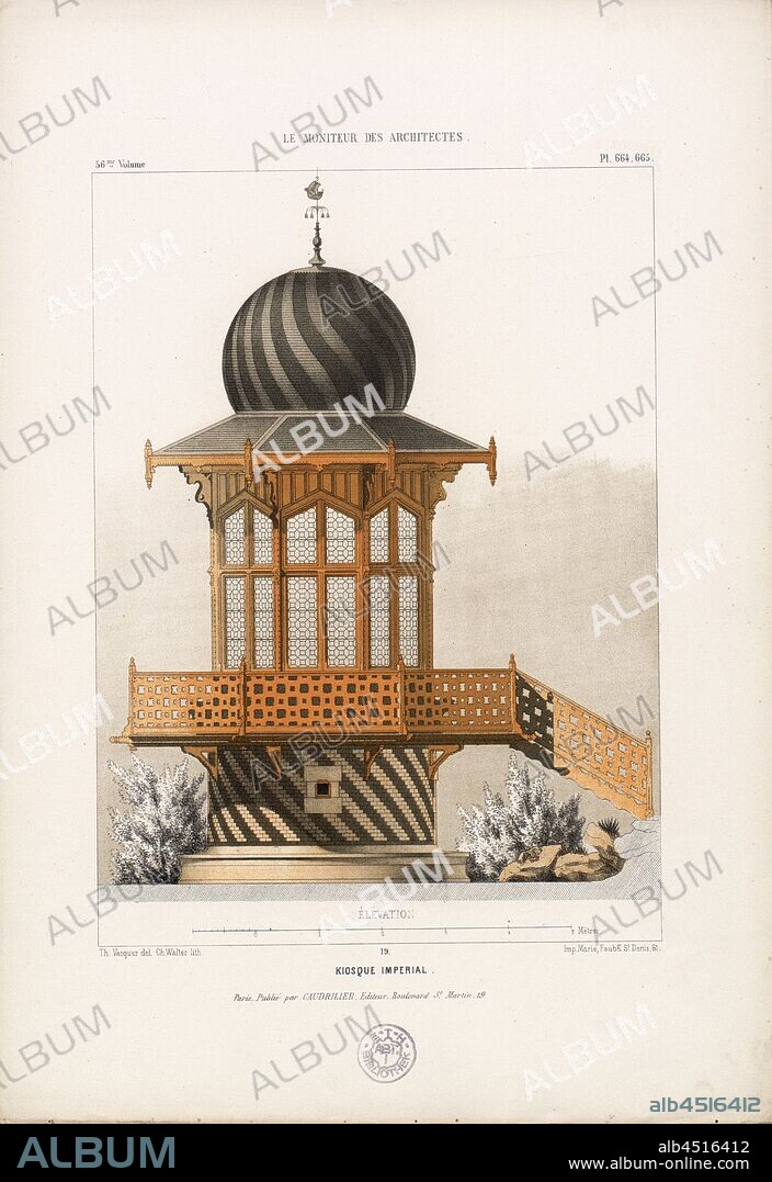 The Architect's Monitor - Imperial Kiosk, Kiosque de l'Empereur in the Bois de Boulogne in Paris, signed: Th. Vaquer del, Ch. Walter lithograph; Imp. Marie, pl. 19, Vacquer, Théodore (del.); Walter, Ch. (lith.); Marie (imp.), 1860, Th. Vacquer: Le Bois de Boulogne architectural: recueil des embellissements exécutés dans son enceinte et à ses abords. Paris: Caudrilier, 1860.