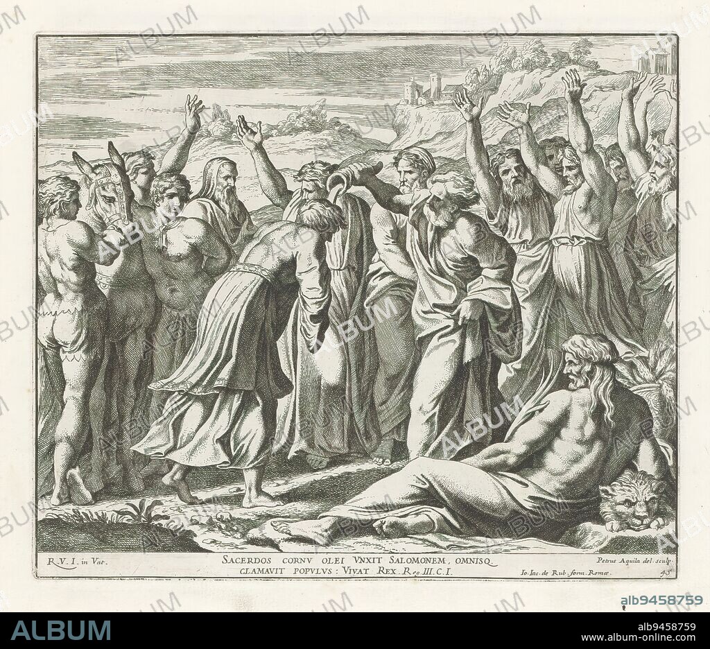 Solomon anointed king by Sadoc, Raphael Bible (series title), Paintings in Raphael's Loggia (series title), Imagines Veteris ac Novi Testamenti (series title), Solomon is anointed by the high priest Sadoc. Around it is a group of men with beards. In the foreground right a reclining figure (possibly a river god). Bible verse below the image. Print is part of an album., print maker: Pietro Aquila, (mentioned on object), after drawing by: Pietro Aquila, (mentioned on object), after painting by: Rafaël, (mentioned on object), print maker: Italy, after drawing by: Italy, after painting by: Vaticaanstad, publisher: Rome, Vaticaanstad, 1675, paper, etching, height 235 mm × width 279 mm.