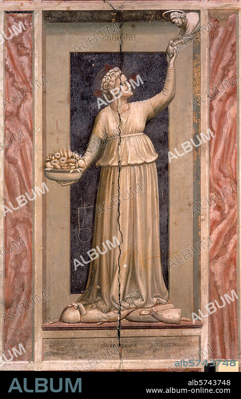 Giotto di Bondone Italian painter, ca. 1266-1337. "Charity", ca 1306. Fresco, ca. 120 × 55cm. From the series on Virtues and Vices. Padua (Italy), Arena chapel (Cappella degli Scrovegni), right wall, base area.