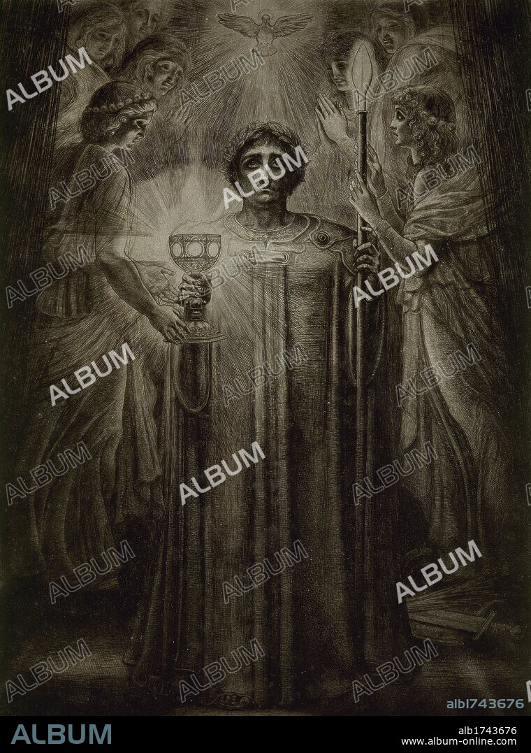 ARTE SIGLO XIX. ESPAÑA. EGUSQUIZA, Rogelio de (Santander, 1845-1915). Pintor español influído por Bonnat en París y por Fortuny y los hermanos Madrazo en España. Orientó su obra hacia temas wagnerianos. "TITUREL", aguafuerte que representa al abuelo del rey Anfortas, guardián del Santo Grial, en la ópera "Parsifal", de Richard Wagner.
