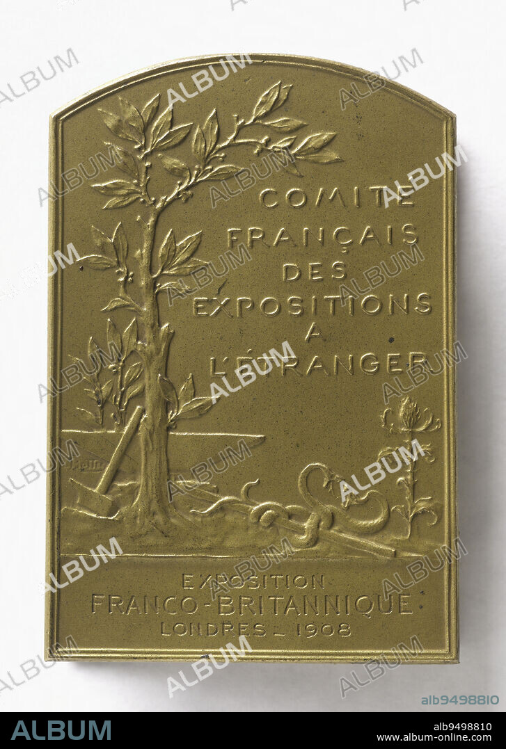 Plaque of the French committee at the Franco-British exhibition in London, 1908, Bottée, Louis-Alexandre, Engraver in medals, In 1908, Numismatics, Medal, Dimensions - Work: Height: 6.2 cm, Width: 4.2 cm, Weight (type dimension): 106.72 g.