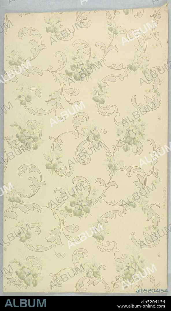 Ceiling paper, Keystone Wall-Paper Company, Machine-printed paper, liquid mica, Loosely formed pattern of acanthus scrolls in various sizes, joined by floral sprigs. All of the leaf forms are outlined.. Printed in green, tan, and white mica on off-white ground., Pittsburgh, Pennsylvania, USA, 19051915, Wallcoverings, Ceiling paper.