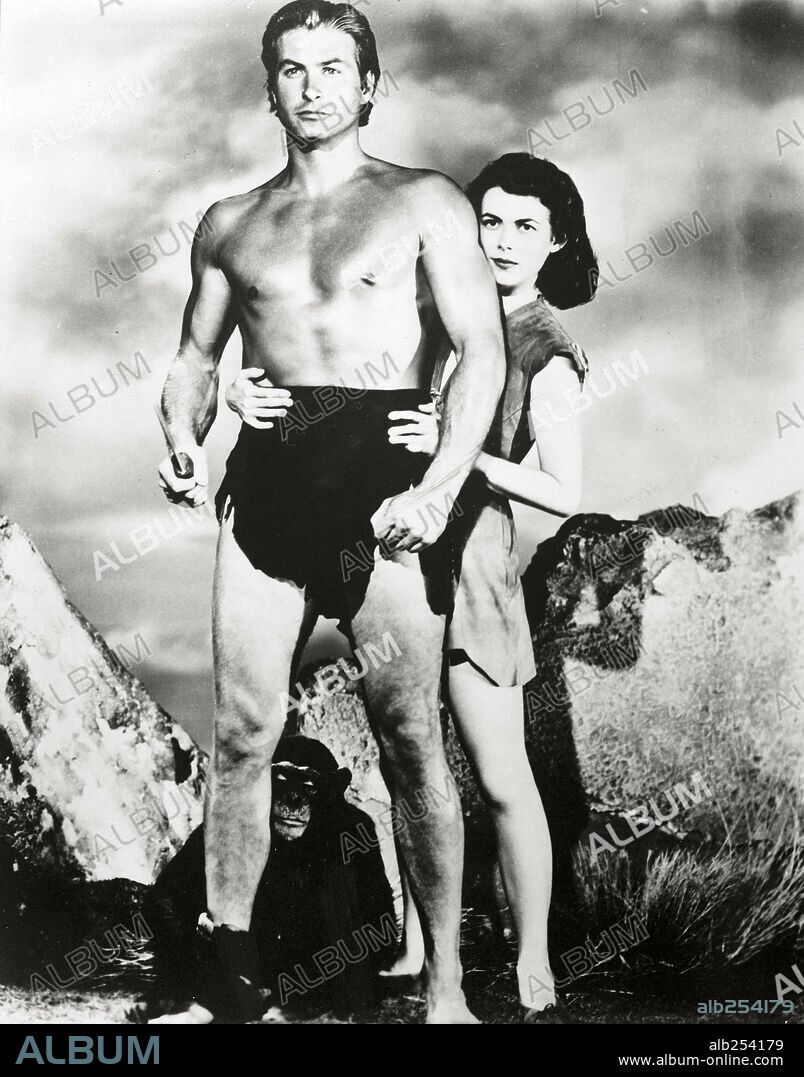 LEX BARKER and VANESSA BROWN in TARZAN AND THE SLAVE GIRL, 1950, directed by LEE SHOLEM. Copyright RKO.