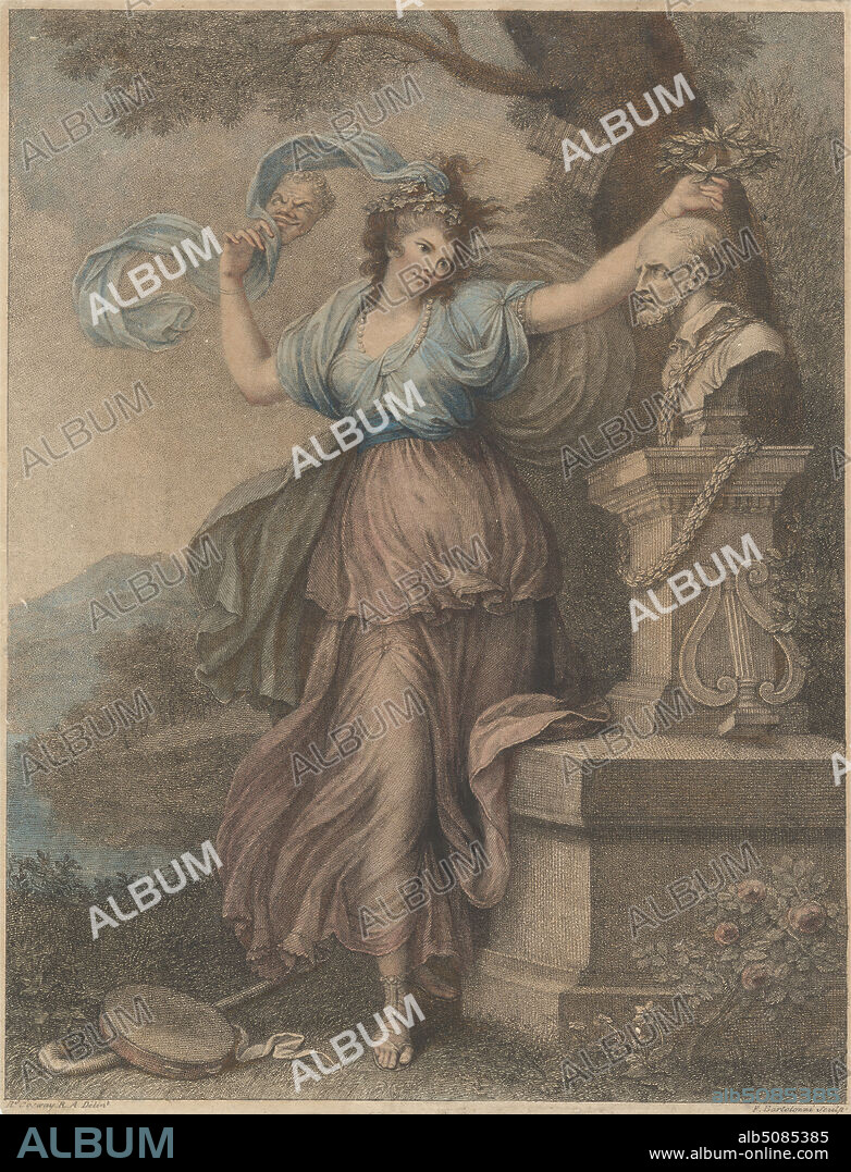 Mrs. Abington as Thalia, Print made by Francesco Bartolozzi RA, 17281815, Italian, active in Britain (176499), after Richard Cosway, 17421821, British, ca. 1783, Etching and stipple engraving, with hand colored ink on medium, slightly textured, cream laid paper, Sheet: 9 3/16 x 7 1/8 inches (23.4 x 18.1 cm) and Image: 9 1/8 x 6 3/4 inches (23.1 x 17.1 cm), actress, bust, crook, shepherd's, flowers (plants), garlands, hills, lyre, mask, monument, mythology, pearls, performance, pipes, religious and mythological subject, ribbon, roses (plant), sandals, sash, skirt, stage, stream, tambourine, theater (discipline), trees, woman, woman.