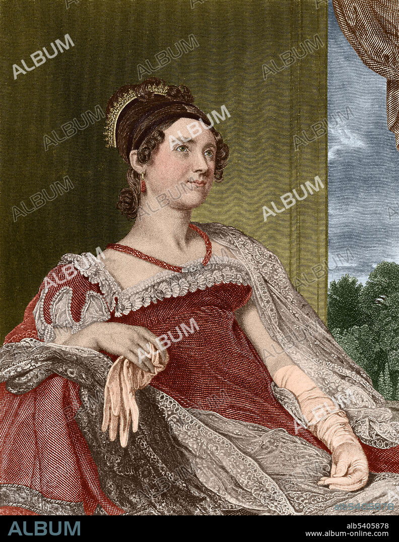Louisa Catherine Johnson Adams (1775 - 1852), wife of John Quincy Adams, was First Lady from 1825-29. She was plagued by migraine headaches, frequent fainting spells and had several miscarriages over the course of their marriage. Engraving by G.F. Storm, undated.