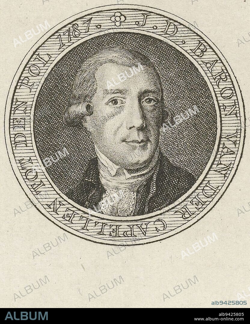 Bust of Joan Derk van der Capellen tot den Pol to the left in a medallion with border lettering in Dutch, Portrait of Joan Derk van der Capellen tot den Pol Portraits of patriots (series title), print maker: Abraham Jacobsz. Hulk, Paris, 1787, paper, etching, engraving, h 215 mm - w 142 mm.