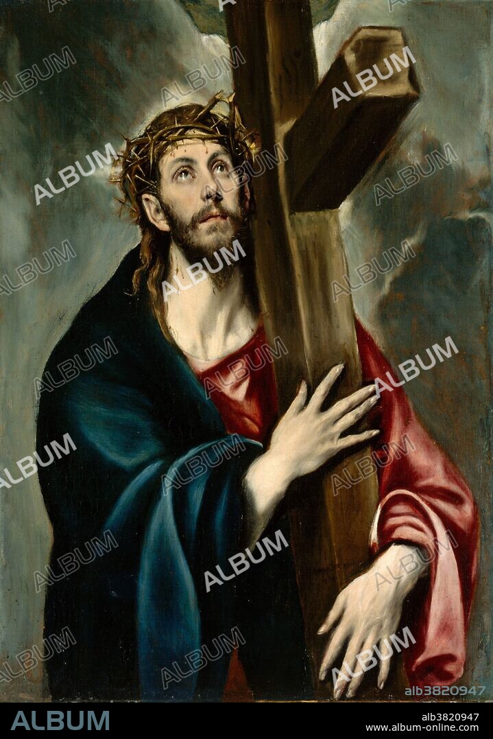 Christ Carrying the Cross by El Greco (Domenikos Theotokopoulos), oil on canvas, circa 1577-87. During his long career in Spain, El Greco produced numerous paintings of Christ carrying the cross. The Lehman canvas, arguably his earliest version of the subject, is not a narrative scene: no other figures are represented and the setting is not recognizable. Instead, it is a devotional image of haunting immediacy and resonant with pathos. Christ's willing sacrifice for mankind is expressed through his gentle embrace of the cross and his heavenward gaze.