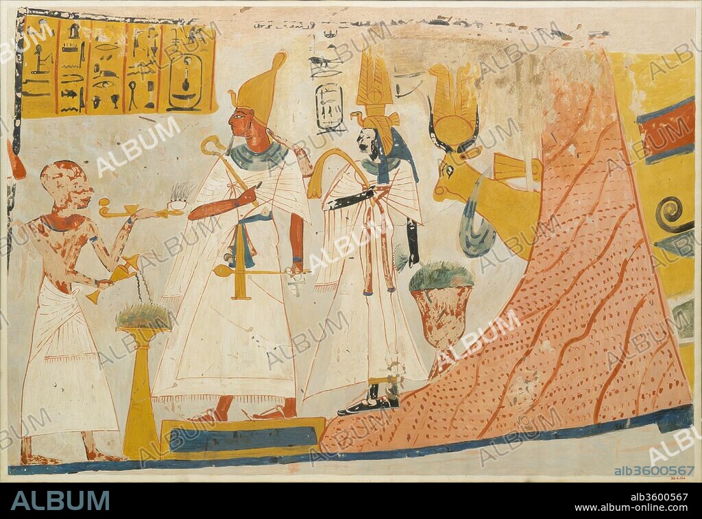 Deceased censing and libating to the deified Mentuhotep and Ahmose-Nefertari, with the Hathor cow emerging from the mountain; Tomb of Ameneminet. Artist: Charles K. Wilkinson. Dimensions: facsimile: h. 60 cm (23 5/8 in); w. 87.5 cm (34 7/16 in)
scale 1:1
framed: h. 62.9 cm (24 3/4 in); w. 90.8 cm (35 3/4 in). Dynasty: Dynasty 19-20. Date: ca. 1295-1170 B.C..