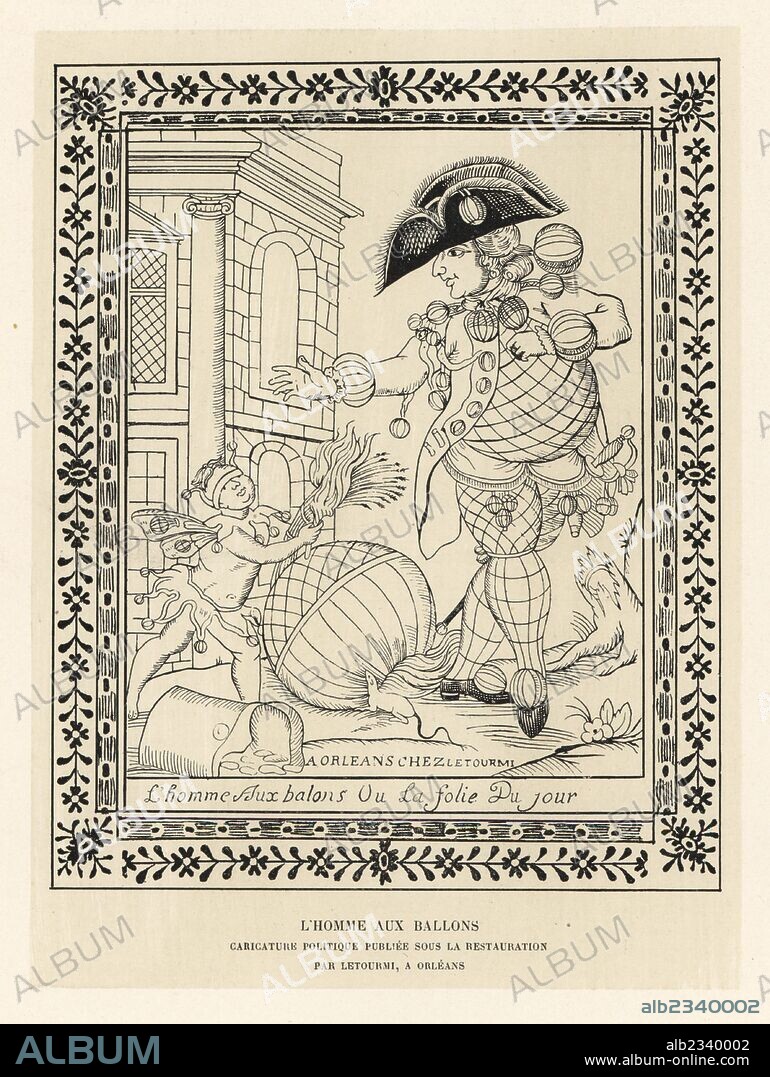 The balloon man, l'homme aux ballons, caricature of the balloonist Montgolfier by Jean-Baptiste Letourmy of Orleans, 18th century. Dressed as Louis XVI in tricorn hat and suit of clothes decorated with balloon buttons, cuffs, bows and buckles. Lithograph from Henry Rene Allemagne's Sports and Games of Skill (Sports et Jeux d'Adresse), Librairie Hachette, Paris, 1903.
