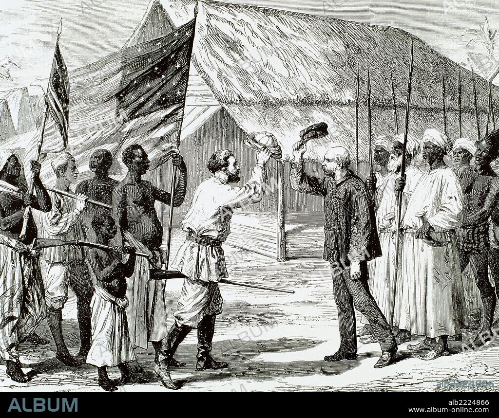 COLONIALISMO. AFRICA (SIGLO XIX). Encuentro de STANLEY (1799-1869) y LIVINGSTONE (1813-1873) en la aldea de Ujiji, a orillas del Lago Tanganica. Grabado.
