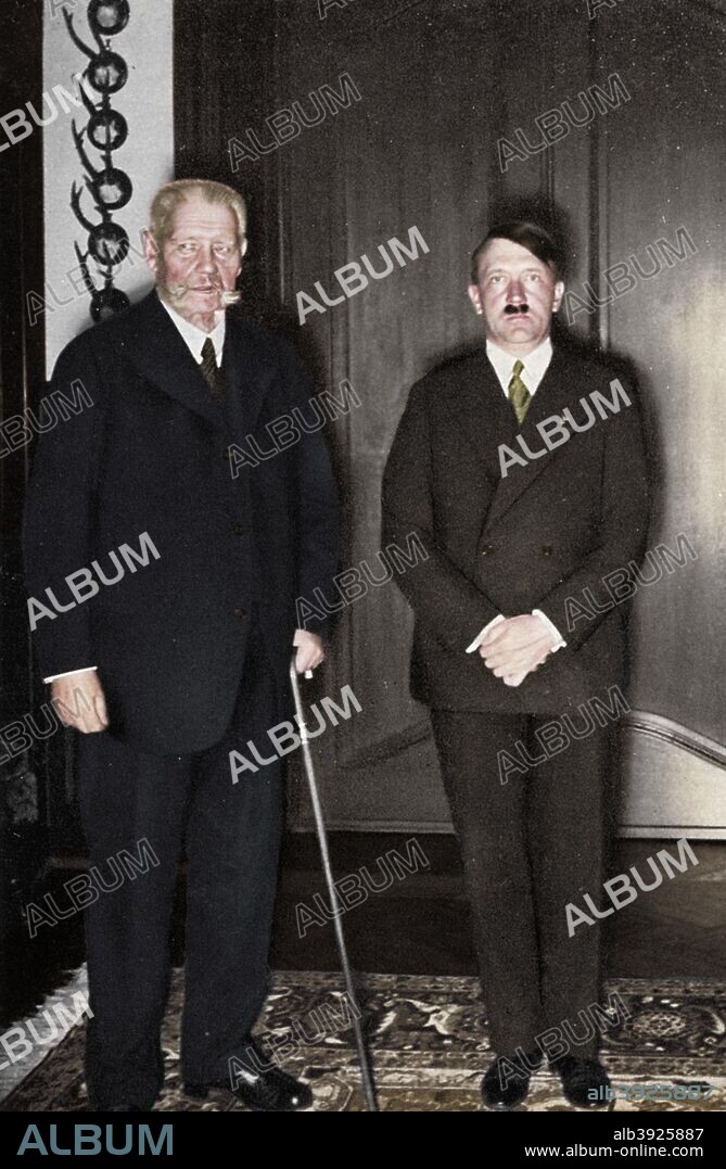 German President Paul von Hindenburg and Chancellor Adolf Hitler, c1933-c1934. A national hero for his victory over the Russians at Tannenberg early in World War I, Field Marshal Paul von Hindenburg (1847-1934) served as Germany's president from 1925 until his death. Although initially oposed to the idea, Hindenburg was eventually persuaded to appoint Hitler (1889-1947) Chancellor of Germany on 30 January 1933. Hitler had come second to Hindenburg in the 1932 German presidential election. A print from Adolf Hitler. Bilder aus dem Leben des Führers, Hamburg: Cigaretten/Bilderdienst Hamburg/Bahrenfeld, 1936. (Colorised black and white print).