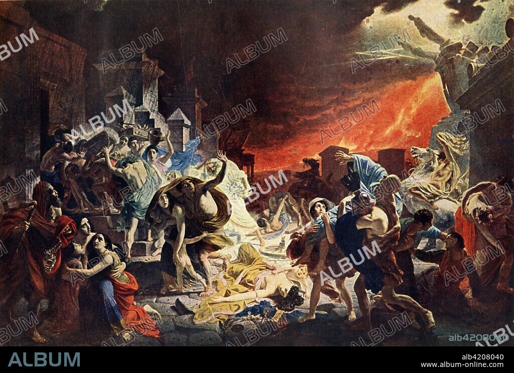 'Destruction of Pompeii', 1833, (1939). 'The Last Day of Pompeii', depiction of people fleeing the eruption of Mount Vesuvius in Italy in 79 AD. 'The picture is based upon the Younger Pliny's story of the destruction of Pompeii. On the left side of the picture the painter himself is portrayed; he holds on his head a box of brushes and paints. Karl Bryullov (1799-1852) lived and worked in Rome for some years and is regarded as a key figure in the transition from Russian neoclassicism to romanticism. Painting in the collection of The State Russian Museum, St Petersburg, Russia. From "The Russian State Museum". [State Art Publishers, Moscow and Leningrad, 1939].