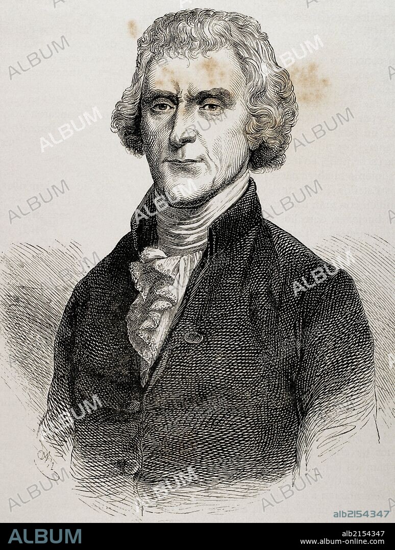 Thomas Jefferson (1743-1826). Tercer presidente de los Estados Unidos de América, ocupando el cargo entre 1801 y 1809. Se le considera uno de los Padres Fundadores de la Nación. Grabado "Historia Universal", 1892.