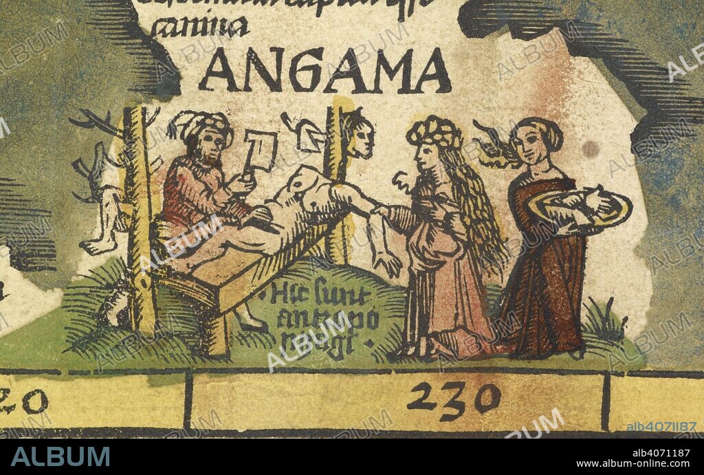 TOLOMEO. Ancient depiction of cannibals. Claudii Ptolemaei ... opus GeographieÌ¨ [translated by J. Angelius] ... [Strassburg] : Joannes Grieninger civis ArgentoratenÌƒ, 1522. Source: Maps.C.1.d.11.