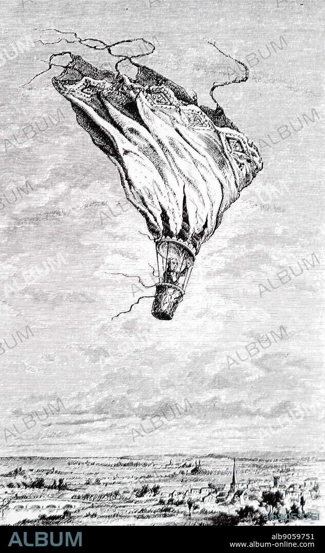 Engraving depicting the fatal parachute descent of Robert Cocking (1776-1837) a British watercolour artist and the first victim of a parachute accident. Dated 19th Century.