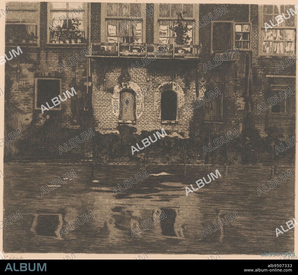 View of the rear facades of Voorstraat 433, 435 and 437, between Pelserbrug and Ruitensteiger in Dordrecht, rear facades of Voorstraat 433, 435 and 437 in Dordrecht, Voorstraatshaven in Dordrecht IV., print maker: Willem Witsen, (signed by artist), Amsterdam, c. 1900, paper, etching, h 279 mm × w 308 mm.
