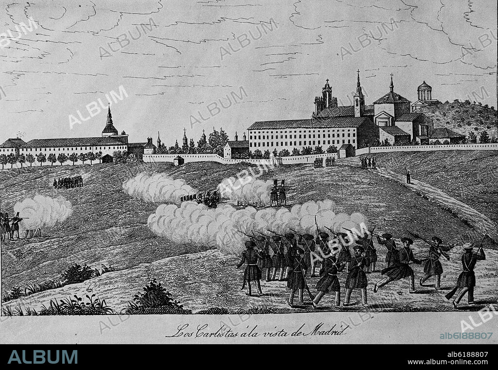 LOS CARLISTAS A LA VISTA DE MADRID EN 1837 - GRABADO SIGLO XIX.