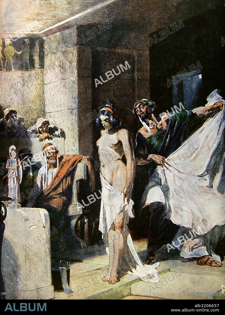FRINE (siglo IV a. C.). Hetaira (cortesana) griega amante y musa de Praxíteles. Juzgada por impiedad "FRINE ANTE LOS JUECES DE ATENAS". Grabado del siglo XIX.