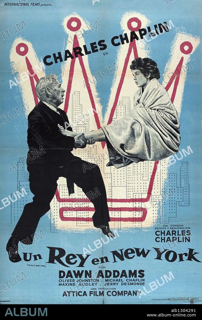Poster de UN REY EN NUEVA YORK, 1957 (A KING IN NEW YORK), dirigida por CHARLES CHAPLIN. Copyright ATTICA FILM COMPANY.