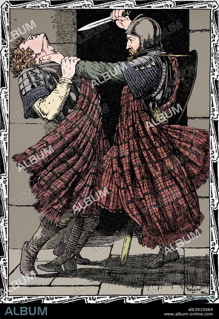 Comyn Stabbed By Bruce, 1902. John III 'Red' Comyn, Lord of Badenoch and Lord of Lochaber, also known simply as the Red Comyn (died 1306), Scottish nobleman who was an important figure in the Wars of Scottish Independence. He was Guardian of Scotland during the Second Interregnum 1296-1306. He is best known for having been stabbed to death by the future Robert I of Scotland before the altar at the church of the Greyfriars at Dumfries. After a work by Patten Wilson (1869-1934). From A Child's History of England by Charles Dickens [J. M. Dent & Co., New York, 1902]. (Colorised black and white print).
