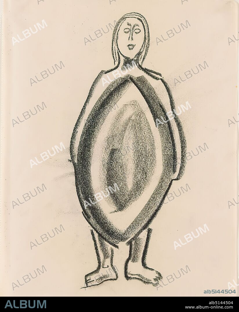 Gustav Heinrich Wolff, Figure with almond-shaped body, drawing paper, drawing charcoal, drawing, charcoal on drawing paper, total: height: 22 cm; width: 17.3 cm, drawing, graphics, sketches, draft drawings, standing figure, human body/figure/nude, sculpture, plastic, sculpture art, classical modernism, standing figure with almond-shaped torso (draft for a vessel?), from the sketchbook 1926.
